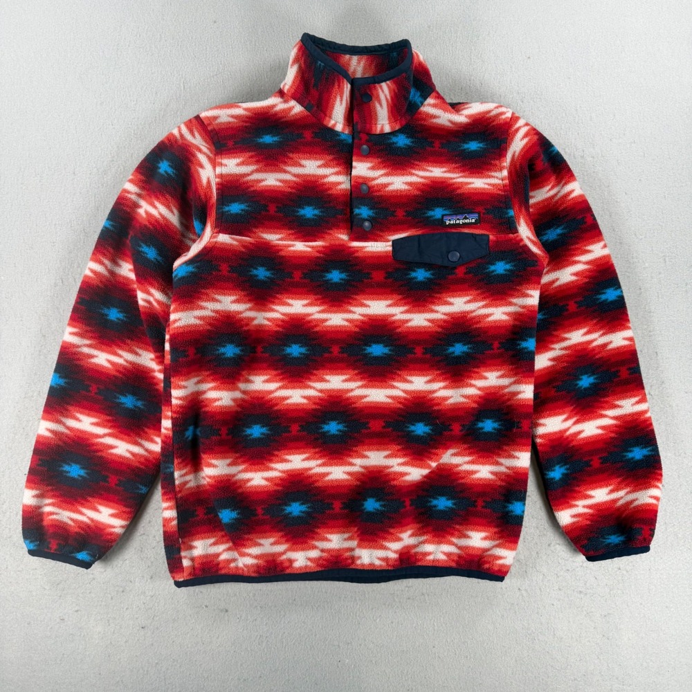 Patagonia Synchilla Snap-T Fleece Pullover Red Blue Geometric Aztec Womens Small